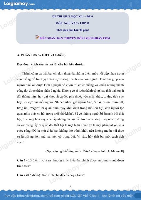 Đề kiểm tra giữa học kì I Ngữ văn 11 - Đề số 6 có lời giải chi tiết